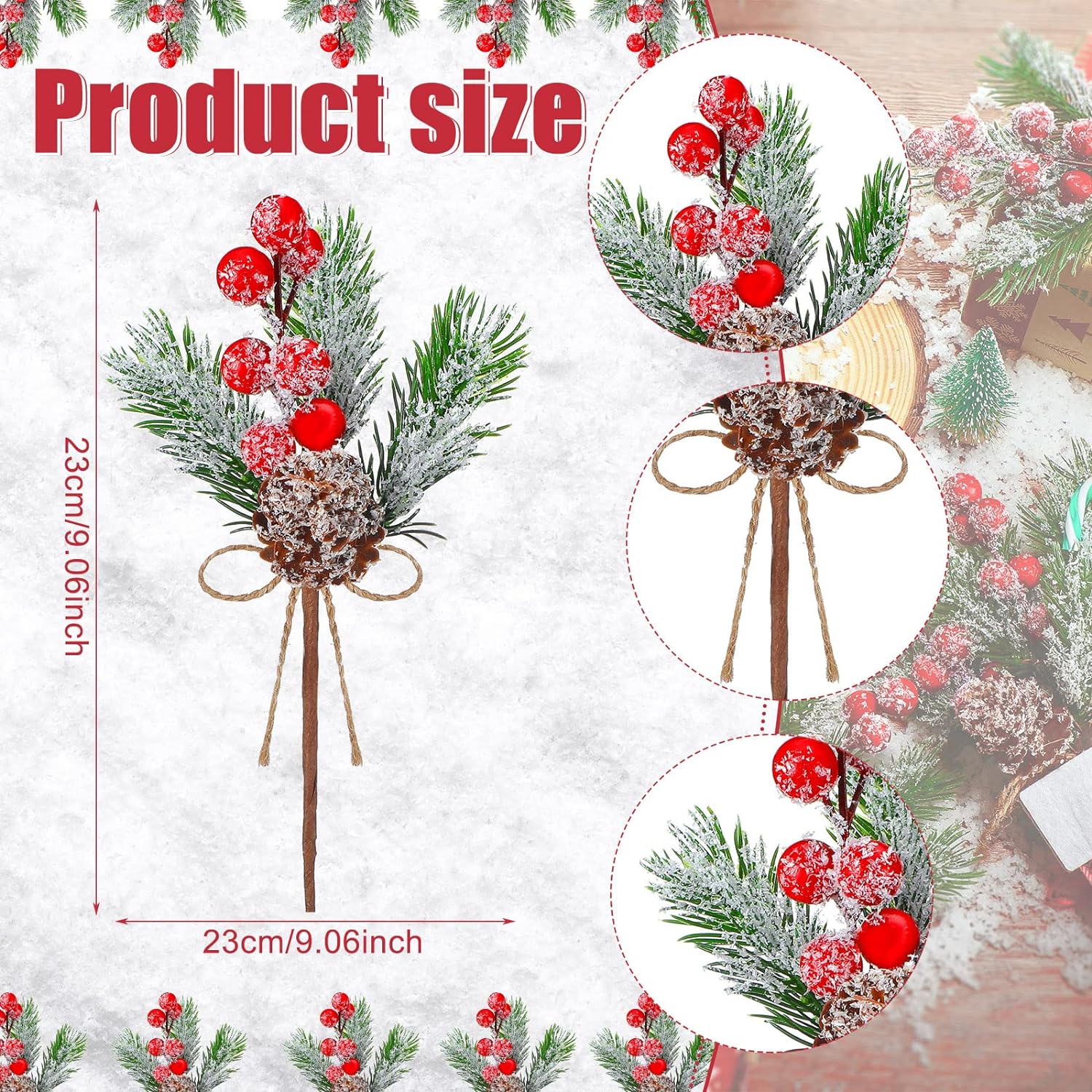 12Pcs Christmas Floral Pine Cones, White Red Berry Stems, Artificial Pine  Branches with Snowflakes Flocked Floral Picks for Crafts DIY Holiday Xmas  Tree Winter Decor 